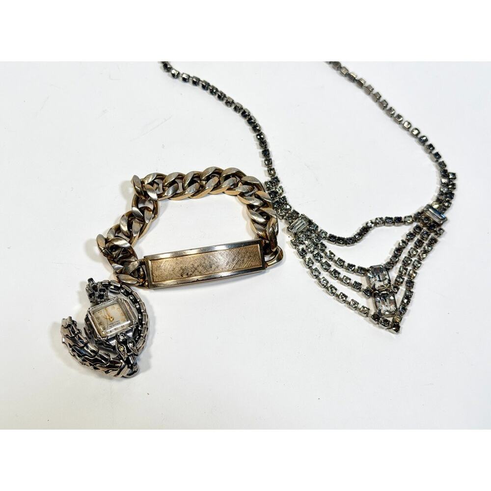Vintage Jewelry Lot Gruen Watch Rhinestone Necklace Gold Filled ID Bracelet